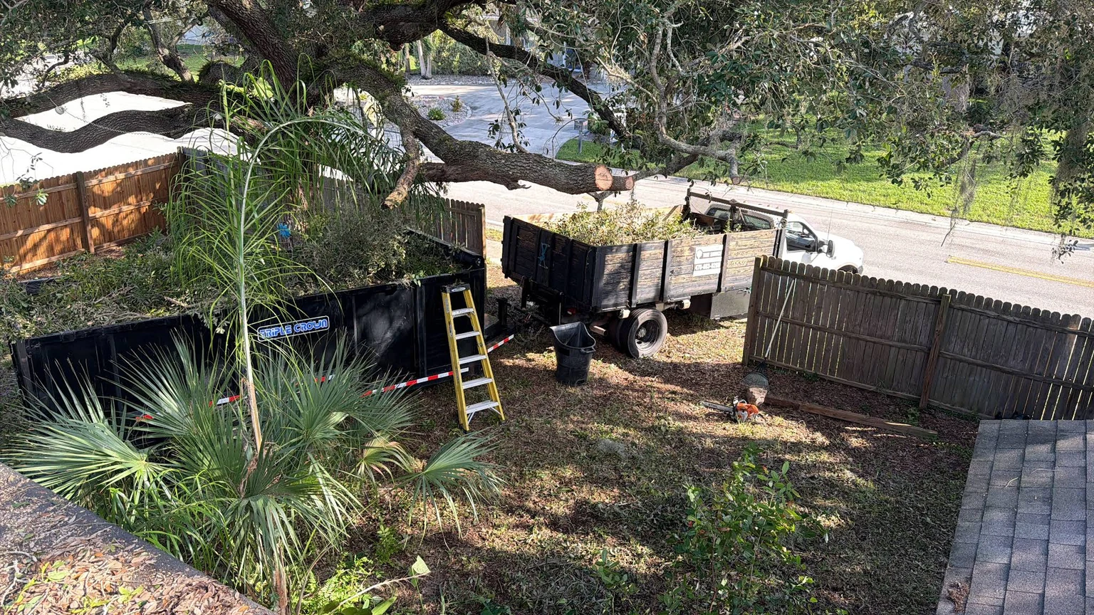 Tree trimming and debris loading at a residential property