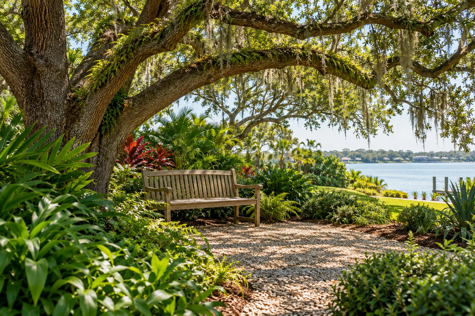 Garden bench beneath a spreading Florida live oak